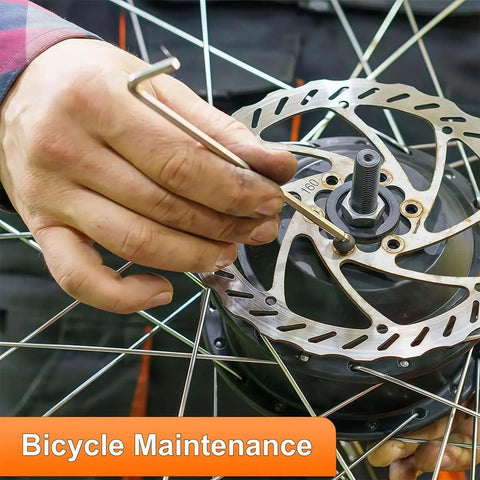 Using 8-Piece Ball Head Hex Key Set With L-Shaped Allen Wrenches, Red Holder on bike for maintenance