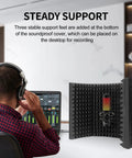 Studio Recording Microphone Isolation Shield for Blue Yeti and Condenser Mics on desk with soundproof paneling