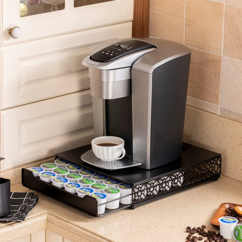 Coffee Pod Storage Drawer Organizer For Keurig And K Duo Plus Holds 42 Pods with iron frame under coffee maker on countertop