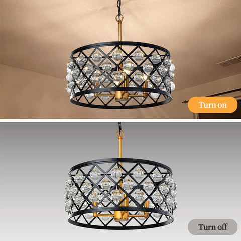 Elegant crystal chandelier with matte black frame and gold accents, shown lit and unlit.