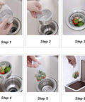 Step-by-step use of Disposable Kitchen Sink Strainer Mesh Bags 200 Pack Universal Fit for All Drain Strainers Catch Food Waste and Leftovers