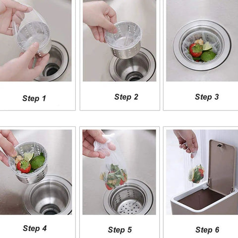 Step-by-step use of Disposable Kitchen Sink Strainer Mesh Bags 200 Pack Universal Fit for All Drain Strainers Catch Food Waste and Leftovers