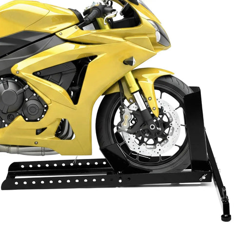 Beefy Heavy Duty Motorcycle Wheel Chock Stand With 1800 Lb Capacity, Adjustable Front Tire Cradle Fits 15 to 22 Inch Wheels and 3 to 5 Inch Wide Tires, Self Locking Upright Wheel Stand For Trailer, Truck and Garage