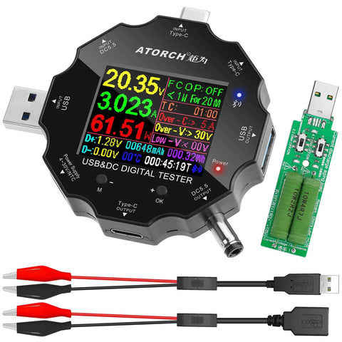 Must Have Power Meter Tester For Chargers And Power Banks Real Time Voltage Current Power Energy Capacity Resistance Temperature 3.6 To 32 Volt 0 To 5 Amp PD QC Fast Charge Standards Includes USB Load Tester Alligator Clip Cable