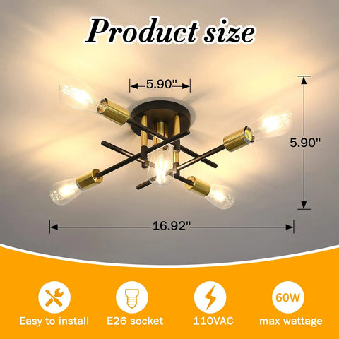 Five Light Dope Farmhouse Semi Flush Mount Ceiling Light Fixture With E26 Base Modern Matte Black And Gold Sputnik Chandelier