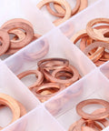 Top Tier Copper Flat Washer Assortment Set With M5 And M22 Sizes Perfect For Grounding Heat Conduction And Bolt Jobs On Machinery Frames Or Plumbing Projects Keeping Your Gear Cool And Connected Like Never Before. copper flat washers in plastic organizer tray