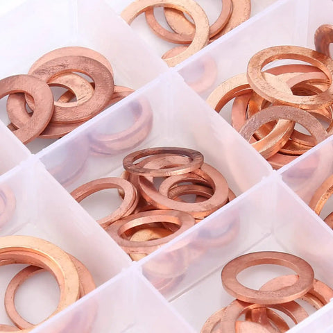 Top Tier Copper Flat Washer Assortment Set With M5 And M22 Sizes Perfect For Grounding Heat Conduction And Bolt Jobs On Machinery Frames Or Plumbing Projects Keeping Your Gear Cool And Connected Like Never Before. copper flat washers in plastic organizer tray