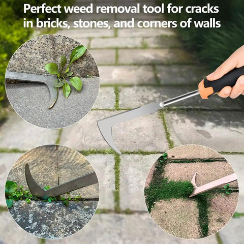 3 Pack Weed Puller Tool Set With Stainless Steel Weeders And Rubber Handles For Easy Garden Cleanup displayed on paving stones