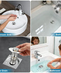 Built To Last Pop Up Bathroom Sink Stopper With Removable Strainer Filter Hair Catcher Solid Brass Drain Assembly No Sweat Replacement For Home Vanities Two Pack in use at a bathroom sink.