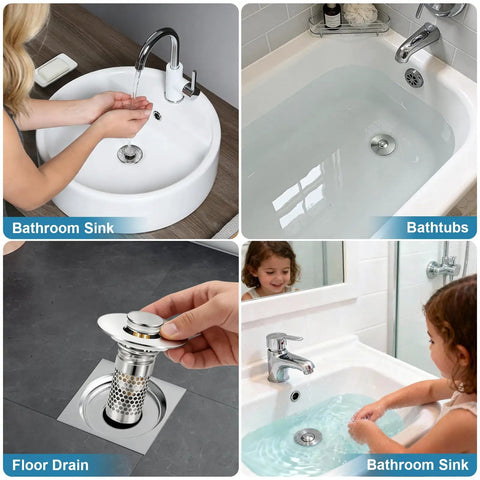 Built To Last Pop Up Bathroom Sink Stopper With Removable Strainer Filter Hair Catcher Solid Brass Drain Assembly No Sweat Replacement For Home Vanities Two Pack in use at a bathroom sink.