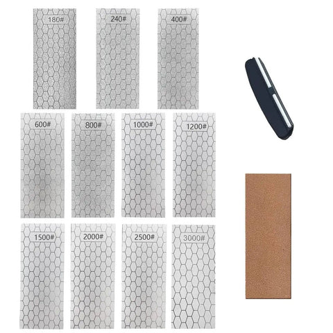 11 Piece Diamond Sharpening Stone Set With Angle Guide And Leather Strop, Whetstone Honeycomb Surface With Non Slip Base, Ideal For Knives And Scissors, Pro Grade Sharpener Kit With 180 To 3000 Grit