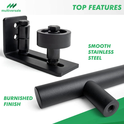 Close-up of Black Barn Door Floor Guide Set With Handle And Latch Lock For Sliding Doors showing smooth stainless steel finish