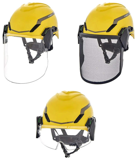 Yellow safety helmets with visors, featuring Fas-Trac III suspension system, shown from three angles.