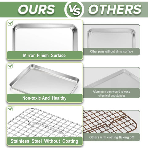 Comparison of stainless steel Toaster Oven Pan with Rack Set vs others, highlighting mirror finish, non-toxic, and without coating benefits.