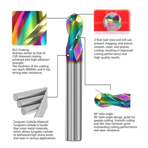 3 Pack 1/4 Inch Solid Carbide Ball Nose End Mills, 2 Flute DLC Coated CNC Milling Cutters For Copper And Aluminum Alloys, HRC55 Tough Bits