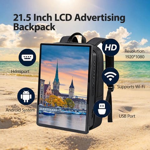 21.5 Inch Portable Lcd Backpack Signboards For Street Marketing Fly Setup Crisp Hd Touchscreen Digital Adboard With Phone App Sync And Hella Mighty Battery, showcasing LCD backpack features on beach background.