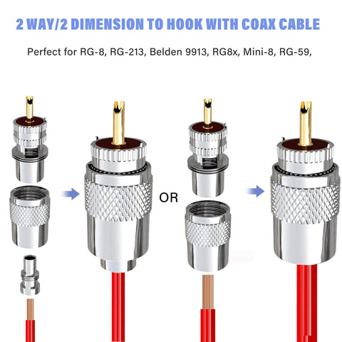PL259 Coax Connector UHF Male Solder Plug With Reducer For RG8 RG59 RG8x LMR400 RG213 Coax Cable assembly steps