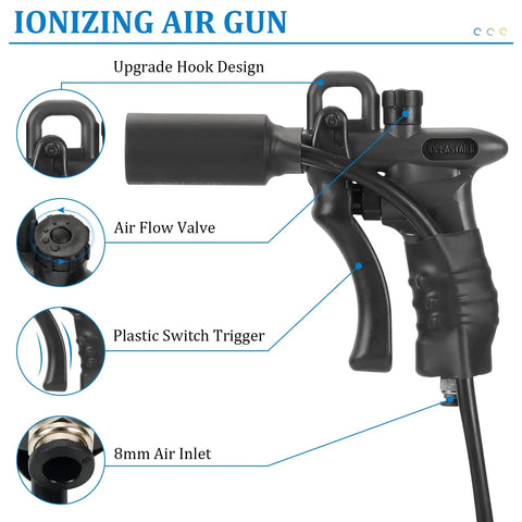 High Voltage Ionizing Air Gun Upgraded 7KV Handheld Anti Static Ionizer with details of hook, air valve, trigger, air inlet