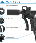 Anti Static Ionizing Air Gun For Vinyl Records And Auto Painting showing features like hook design, air flow valve, and trigger