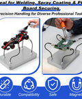 Magnetic Helping Hands Soldering Station with 12 Flexible Clips, silver finish, shown in use for model painting and PCB soldering.