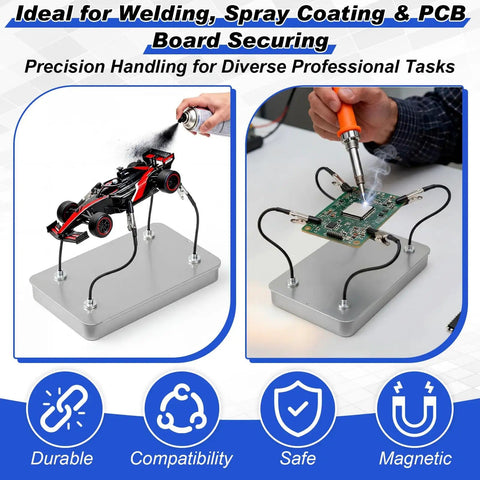 Magnetic Helping Hands Soldering Station with 12 Flexible Clips, silver finish, shown in use for model painting and PCB soldering.