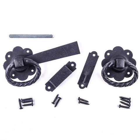 Black Wrought Iron Gate Floral Ring Turn Latch Lock Set 6 Inch Long, Light Duty Antique Latch Pull For Barn Doors Or Gates With Mounting Hardware, Pack Of 2