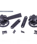 Black Wrought Iron Floral Ring Pull Gate Latch For Fence And Door With Mounting Hardware laid flat on a white background