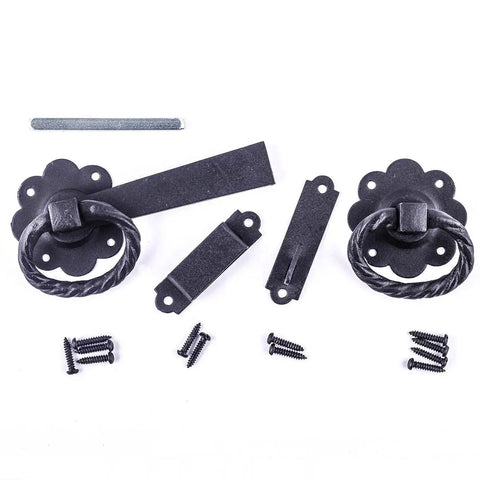 Black Wrought Iron Floral Ring Pull Gate Latch For Fence And Door With Mounting Hardware laid flat on a white background
