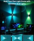 GOODEA RGB Wall Sconce, Rechargeable Motion Sensor Wall Light with Remote illuminating a gaming setup with vibrant colors.
