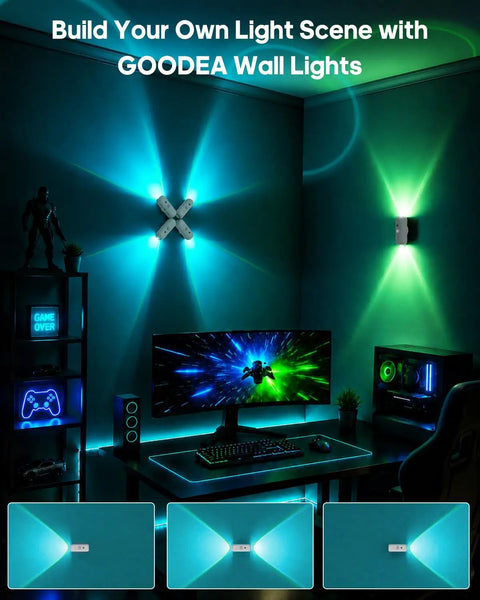 GOODEA RGB Wall Sconce, Rechargeable Motion Sensor Wall Light with Remote illuminating a gaming setup with vibrant colors.