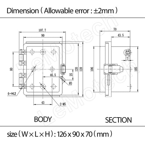 Technical diagram of IP67 Waterproof Electrical Junction Box With Hinged Clear Cover And Stainless Steel Latch, dimensions shown