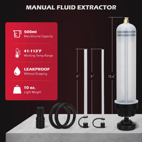 SEDY 500cc fluid extractor kit for automotive oil: clear tubes, clamps, O-rings, and 500 ml reservoir bottle