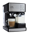 Front view of Three In One Espresso And Cappuccino Machine With Stainless Steel Body Programmable Coffee Maker Automatic Milk Frother 15 Bar Pump with a coffee mug and milk frother visible.