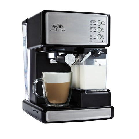 Front view of Three In One Espresso And Cappuccino Machine With Stainless Steel Body Programmable Coffee Maker Automatic Milk Frother 15 Bar Pump with a coffee mug and milk frother visible.