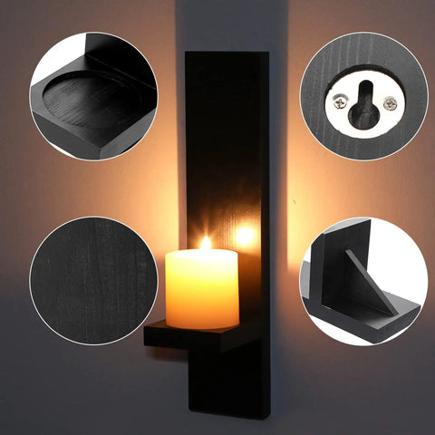 Premium Quality Hardwood Wall Candle Sconces Pair mounted on wall with lit pillar candle, showcasing rustic design and sturdy holder.