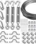 Outdoor String Light Suspension Kit With Vinyl Coated Stainless Steel Cable And 150 Ft Transparent PVC Wire Includes 304 Stainless Steel Wire Cable Turnbuckles And Hooks For Weatherproof Patio Ambience Easy To Install components displayed