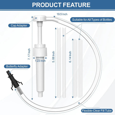 Front view: two-pack quart-bottle fluid pump with 10cc stroke, cap adapter, butterfly adapter, and clear fill tube.