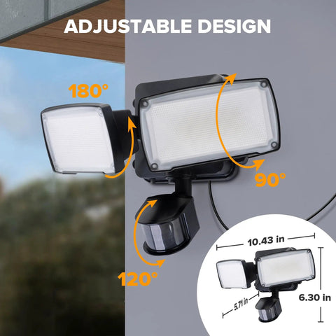 Plug In Motion Sensor Outdoor Light With 2500 Lumen Daylight Output, IP65 Waterproof Dual Head Fixture For Garages And Patios. Zero Hassle Wiring Brings Hella Bright Security Illumination Exactly Where You Need It.