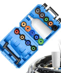 Grab This Ultimate Spillproof Universal Flexible Oil Funnel Kit For Clean Engine Bay With Splash Guard And Multi Adapter For Effortless Auto Oil Change in a blue carrying case.