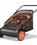 Heavy Duty Push Lawn Sweeper With 30 Inch Wide Broom And 12 Cubic Foot Hopper Bag For No Sweat Grass And Leaf Pickup Across Big Lawns Patios Sidewalks And Driveways with filled collection bag of leaves and pine needles.