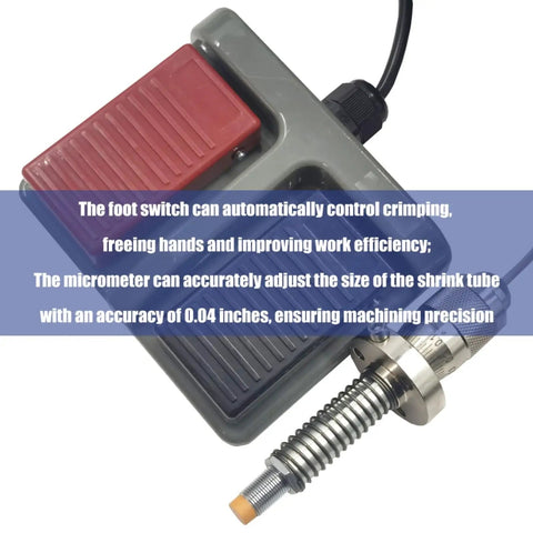Heavy Duty Electric Hydraulic Hose Crimper Benchtop Workhorse With Ten Precision Dies Auto And Manual Modes For Rubber Lines 220V Three Phase foot switch with micrometer for precise control.