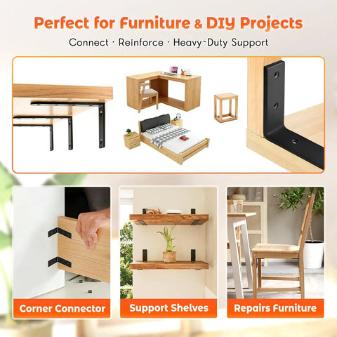 Collage of Heavy Duty 10 Inch Black Shelf Brackets L Shaped Corner Mount For Wall Shelves, DIY furniture applications shown.
