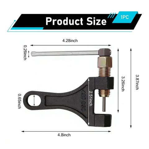 Chain Breaker Tool For 420-530 Roller Chain With Beefy Alloy Build showing dimensions and compact design for durability.
