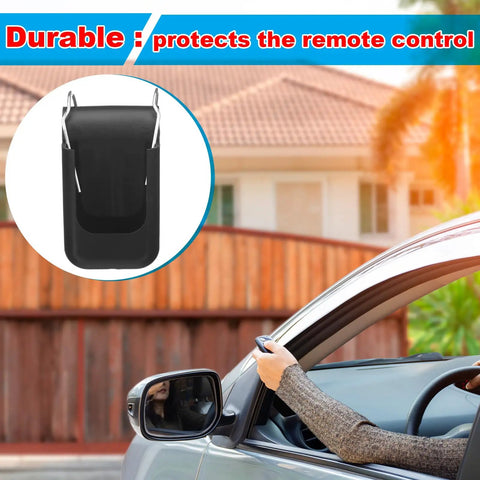2 Pack Transmitter Clips For MicroPLUS Remote Controls shown in use on car visor, displaying durable secure fit.
