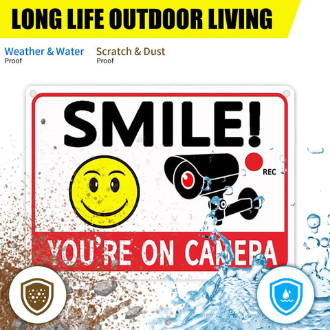 Legit Heavy Duty Aluminum Security Camera Signs Straight Up Warning To Scare Off Thieves Keep Your Home Yard Or Business Locked Down Bright Orange Black Cctv 4 Pack sign with smiley face and camera graphics.