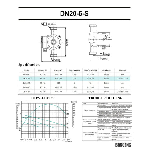 Technical diagram of Hot Water Recirculating Pump Three Quarters Inch NPT 110V Auto Circulator For Water Heater And Solar Heater