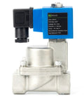 Front view of Heavy Duty Three Quarter Inch High Pressure Solenoid Valve 100 Bar Stainless Steel 110V AC for water and fluids control.