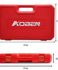 Red storage case for Half-Inch Drive Impact Socket Set, 18-Piece, with dimensions 11x7.68x2.5 inches, carrying handle visible.