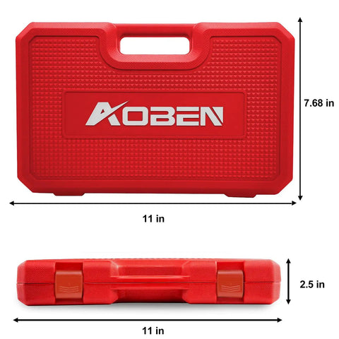 Red carrying case for 64 Piece Pro Grade Torx Bit Socket Set With External Torx Sockets And Adapters, dimensions shown