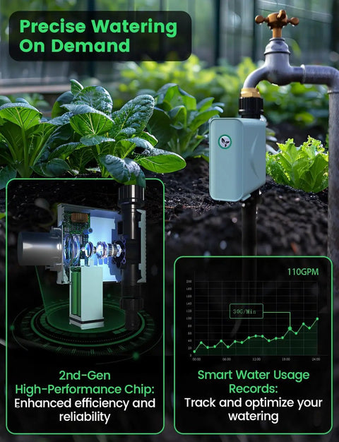 Smart WiFi Water Timer for garden hose faucet solar powered device with graph of usage records and enhanced chip display